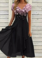 Robe midi fleurie femme col V, coupe fluide, du S au 5XL, rose et noir