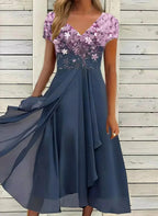 Robe midi fleurie femme col V, coupe fluide, du S au 5XL, rose et bleu
