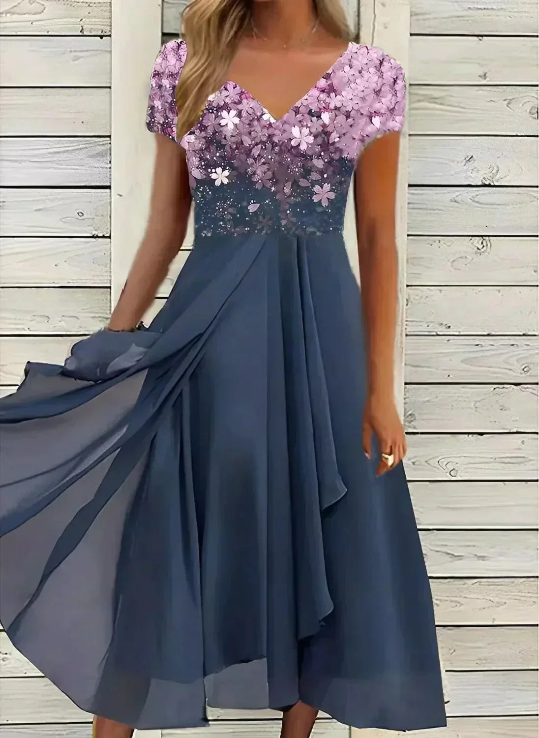 Robe midi fleurie femme col V, coupe fluide, du S au 5XL, rose et bleu