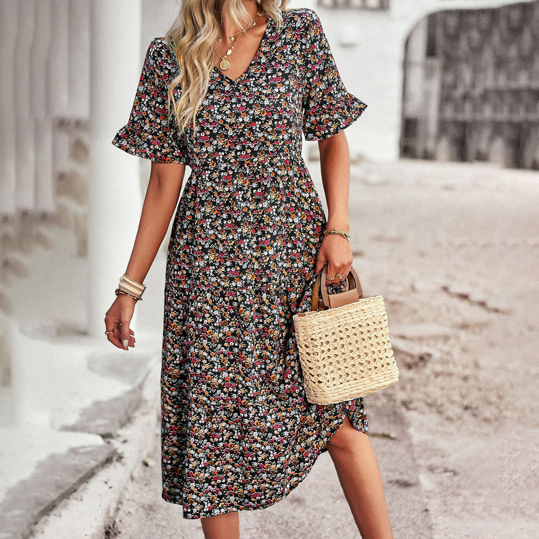 Robe midi fleurie femme, cinq coloris, du S au XL, noir