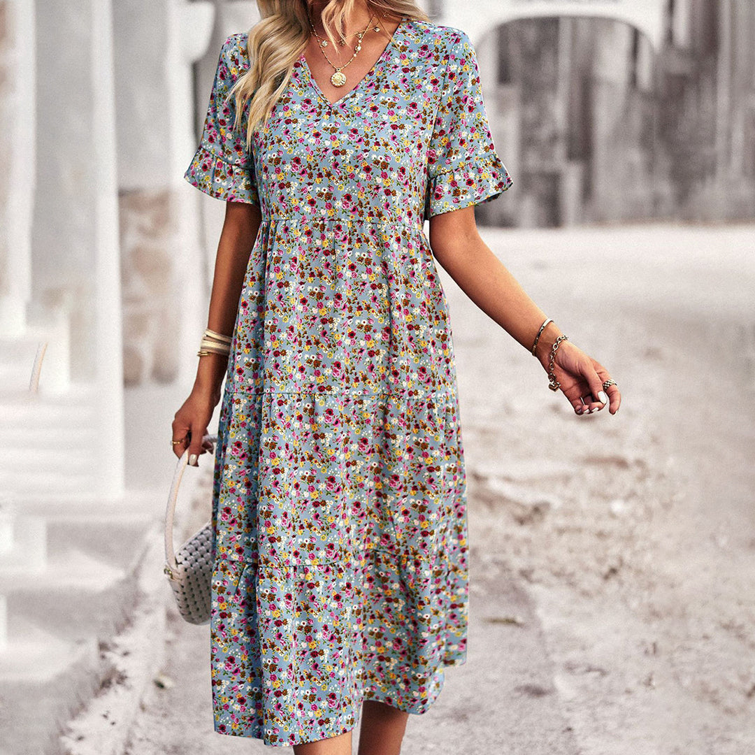 Robe midi fleurie femme, cinq coloris, du S au XL, bleu clair