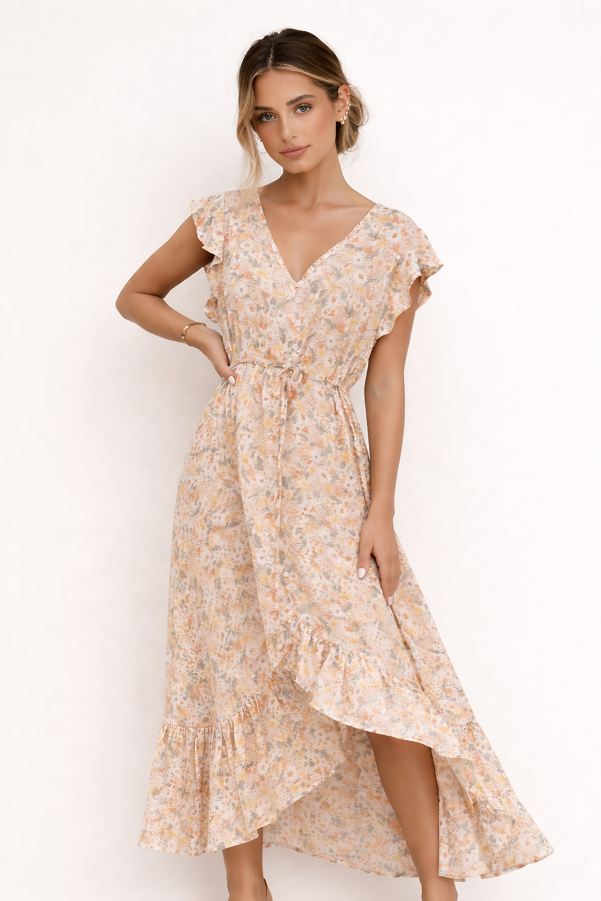 Robe midi fleurie femme boutonnée, ceinture à nouer, beige, beige