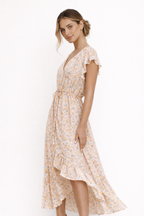 Robe midi fleurie femme boutonnée, ceinture à nouer, beige