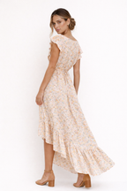 Robe midi fleurie femme boutonnée, ceinture à nouer, beige