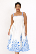Robe midi imprimée femme à fines bretelles, nœud au dos, bleu