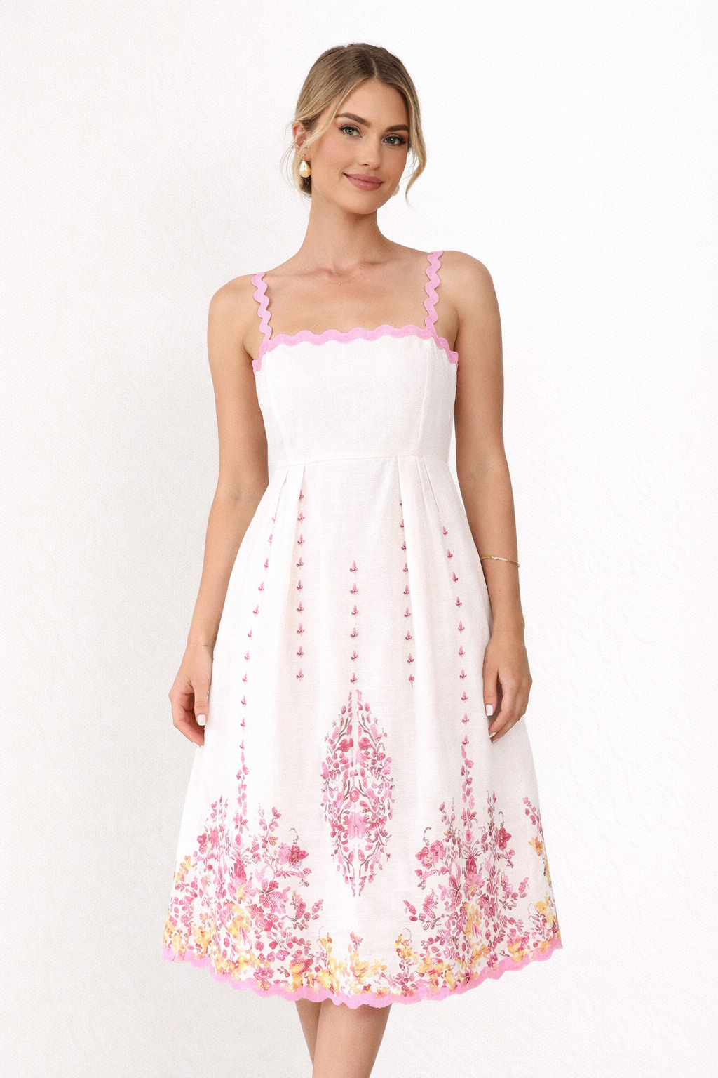 Robe midi imprimée femme à fines bretelles, nœud au dos, rose