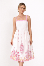 Robe midi imprimée femme à fines bretelles, nœud au dos, rose