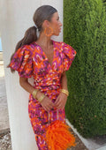 Robe imprimée femme col V à manches bouffantes, coupe cintrée, orange