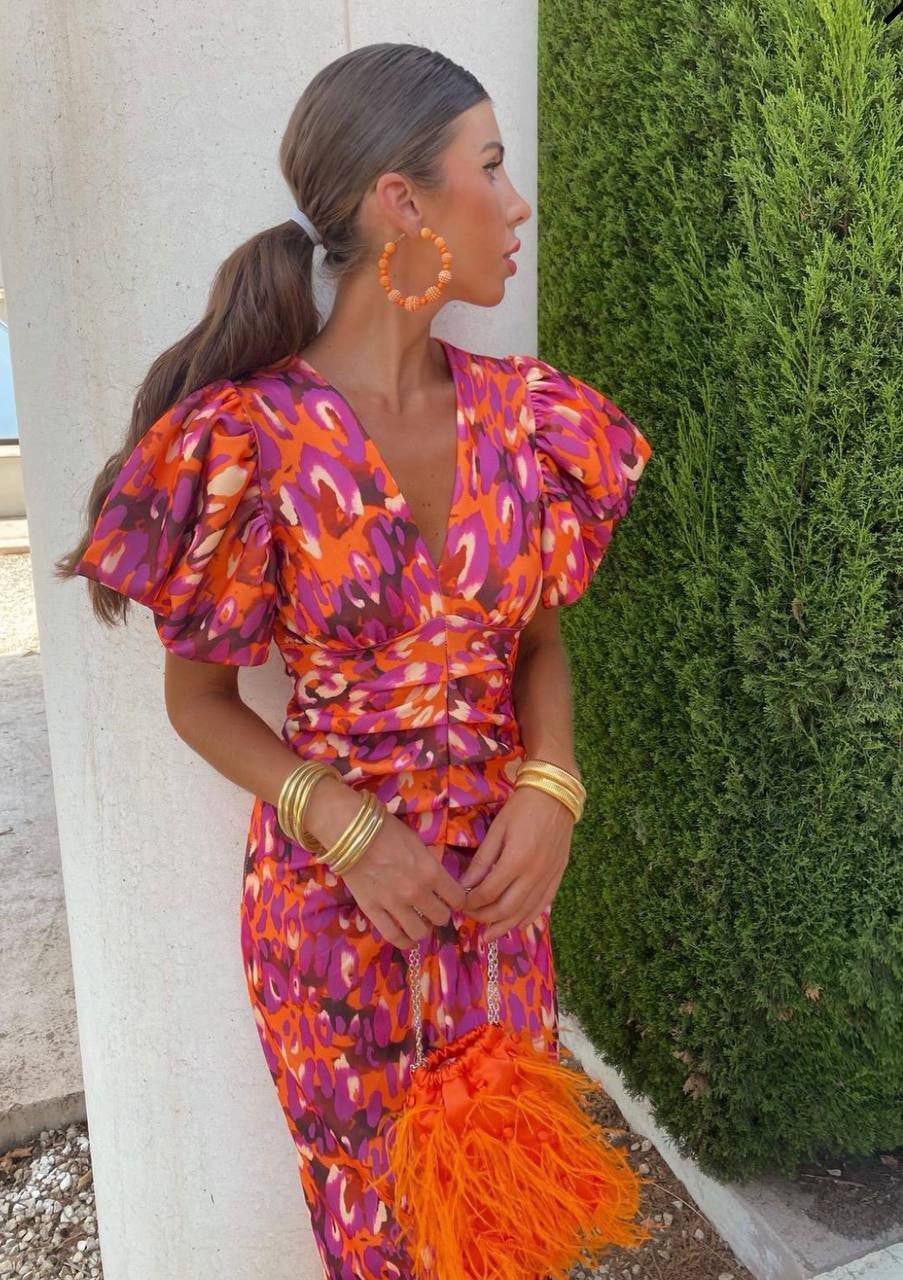 Robe imprimée femme col V à manches bouffantes, coupe cintrée, orange