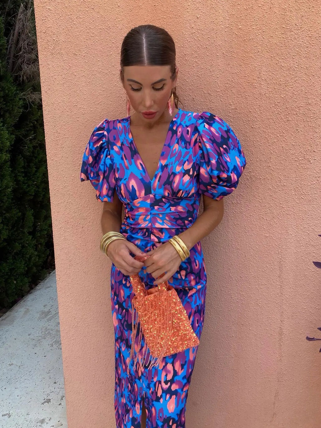 Robe imprimée femme col V à manches bouffantes, coupe cintrée
