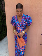 Robe imprimée femme col V à manches bouffantes, coupe cintrée