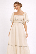 Robe midi beige femme à volants, taille élastiquée, beige