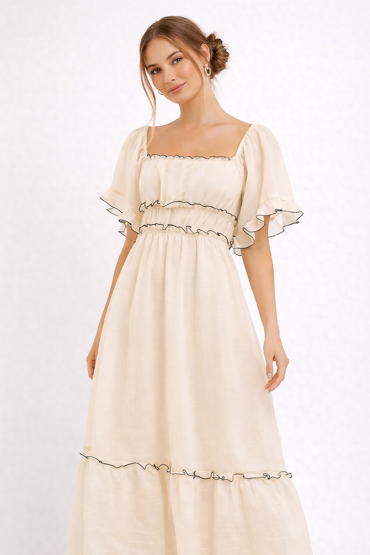 Robe midi beige femme à volants, taille élastiquée, beige
