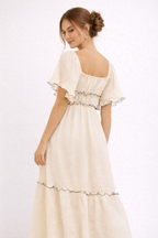 Robe midi beige femme à volants, taille élastiquée
