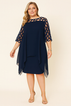Robe midi grande taille femme col rond, manches ornées, L au 6XL