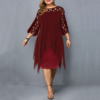 Robe midi grande taille femme col rond, manches ornées, L au 6XL, bordeaux