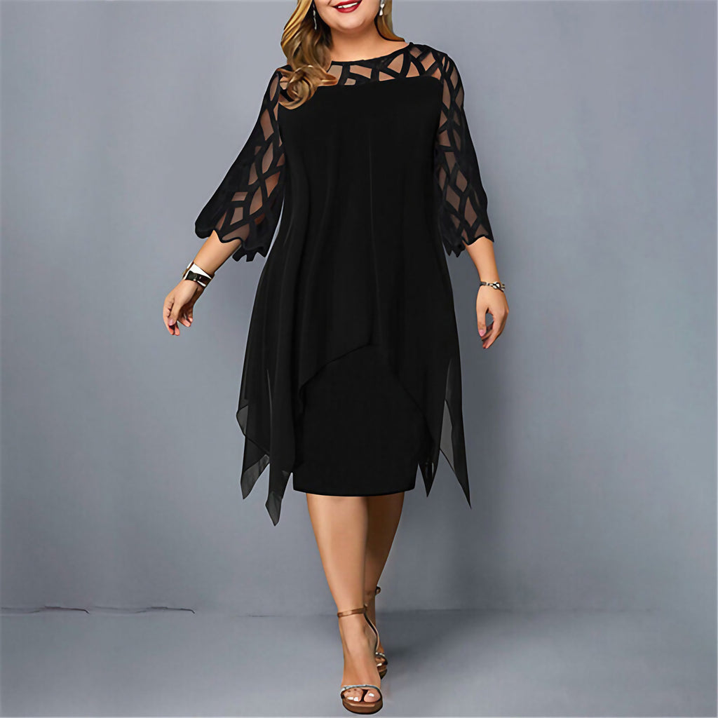 Robe midi grande taille femme col rond, manches ornées, L au 6XL, noir