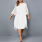 Robe midi grande taille femme col rond, manches ornées, L au 6XL, blanc