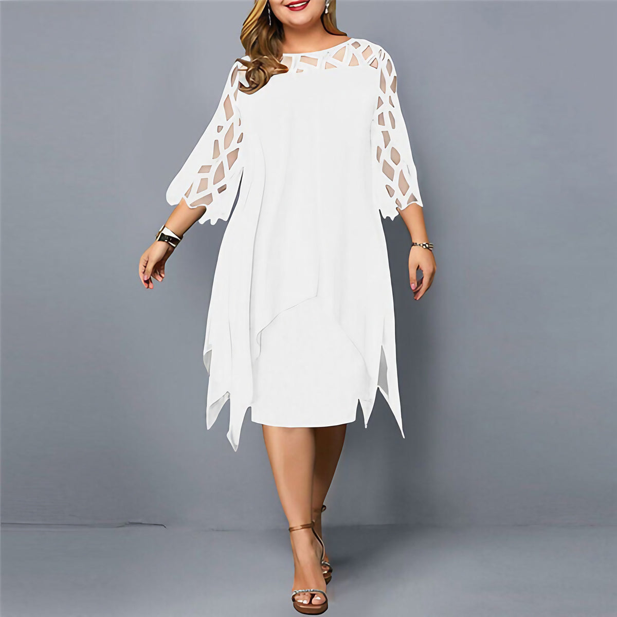 Robe midi grande taille femme col rond, manches ornées, L au 6XL, blanc