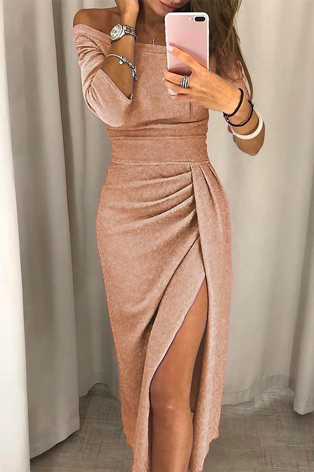 Robe midi femme à paillettes, pour soirée, cocktail ou mariage, beige