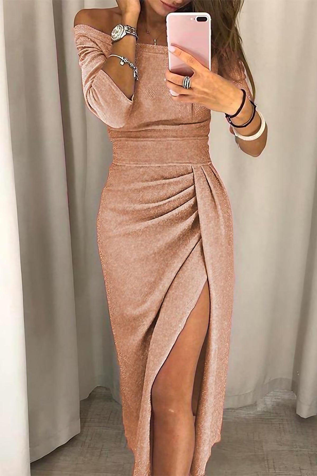 Robe midi femme à paillettes, pour soirée, cocktail ou mariage, beige