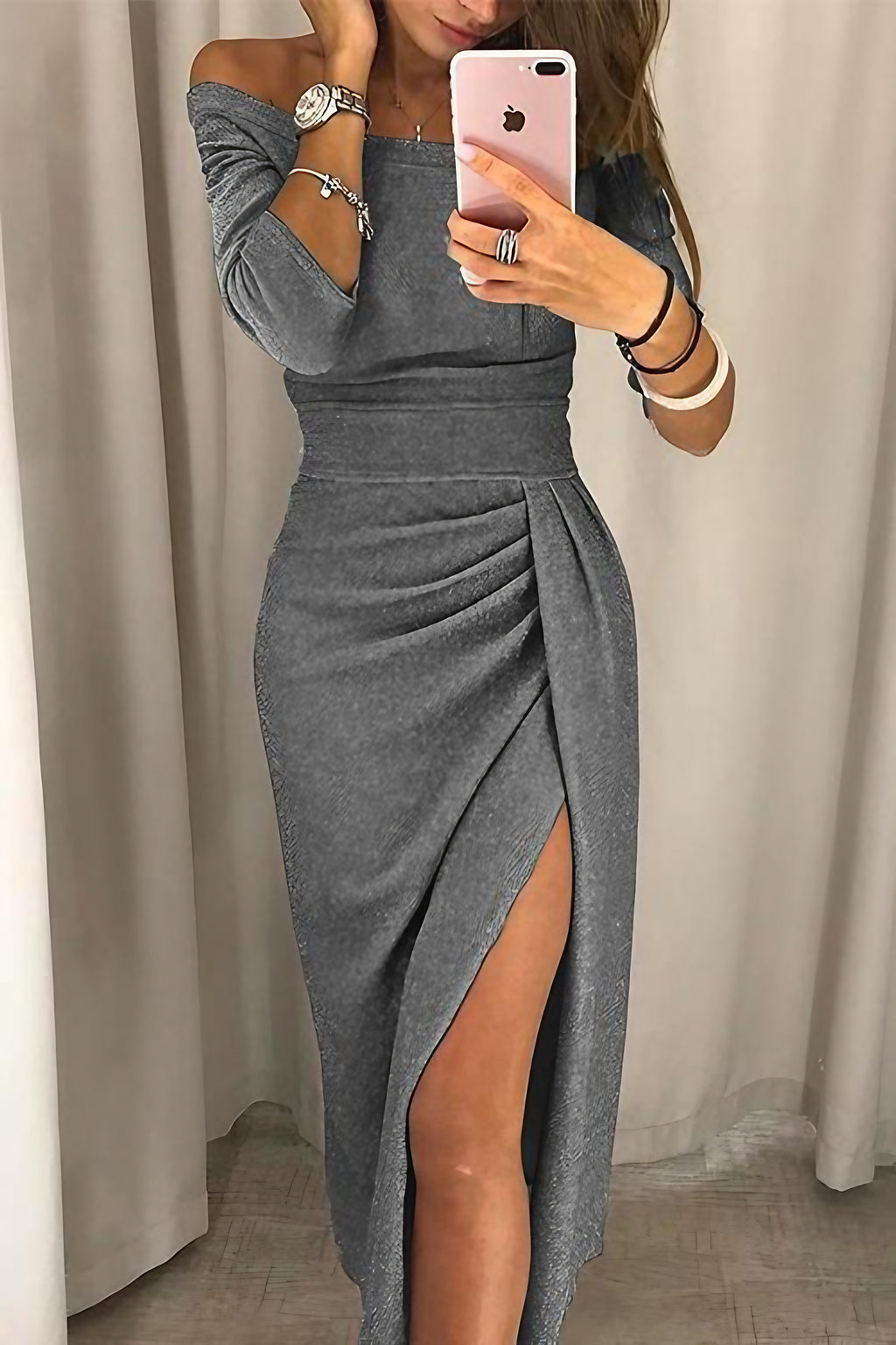 Robe midi femme à paillettes, pour soirée, cocktail ou mariage, gris