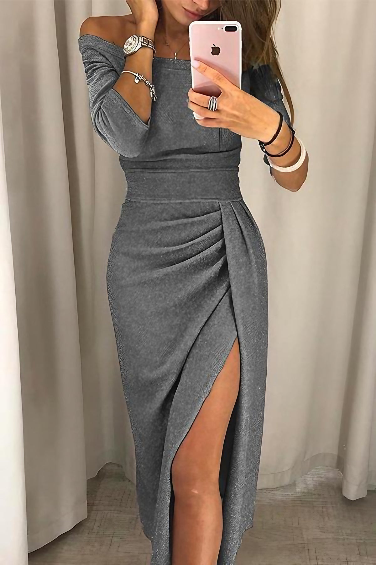 Robe midi femme à paillettes, pour soirée, cocktail ou mariage, gris