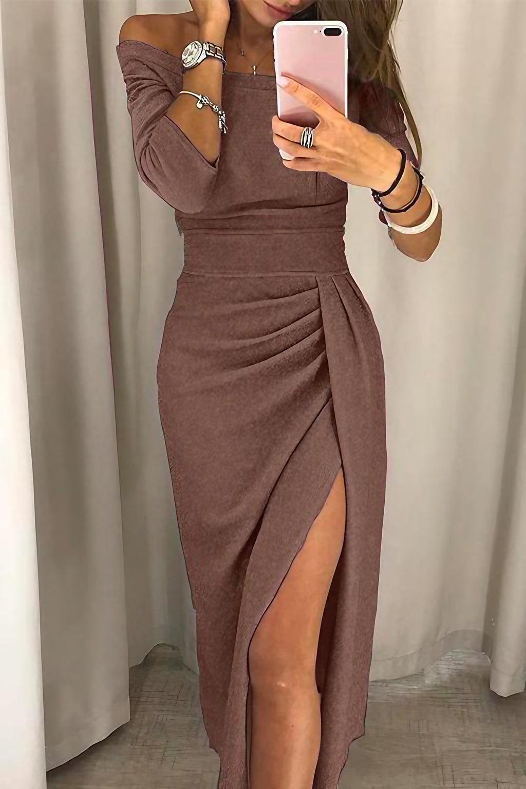 Robe midi femme à paillettes, pour soirée, cocktail ou mariage, marron