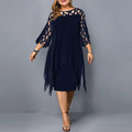 Robe midi grande taille femme, col rond, manches en dentelle, bleu profond