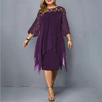 Robe midi grande taille femme, col rond, manches en dentelle, violet