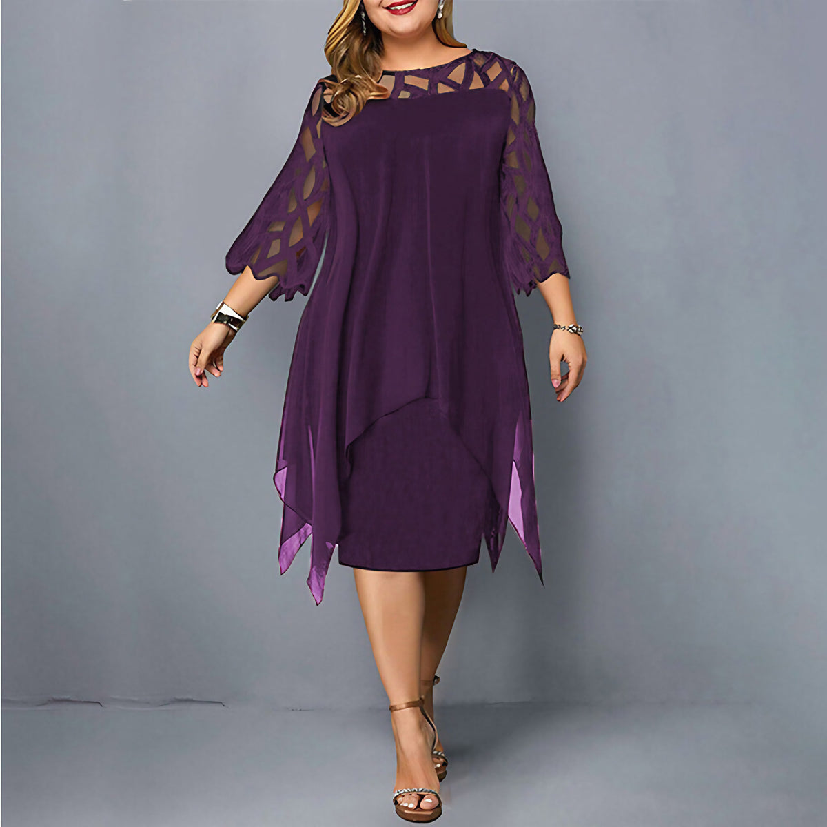 Robe midi grande taille femme, col rond, manches en dentelle, violet