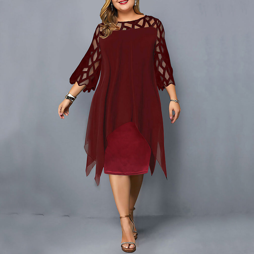 Robe midi grande taille femme, col rond, manches en dentelle, rouge vin
