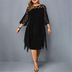Robe midi grande taille femme, col rond, manches en dentelle, noir