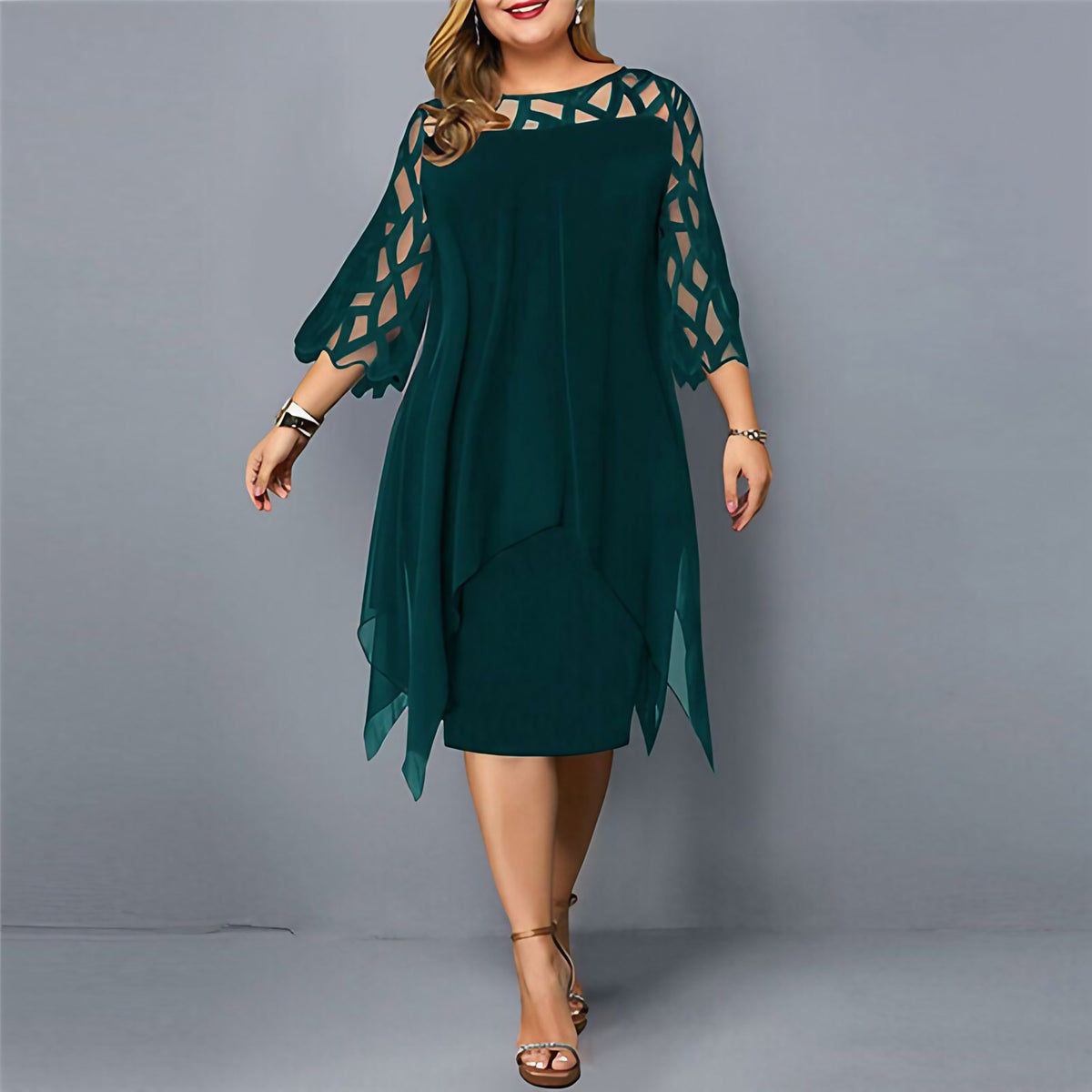 Robe midi grande taille femme, col rond, manches en dentelle, vert
