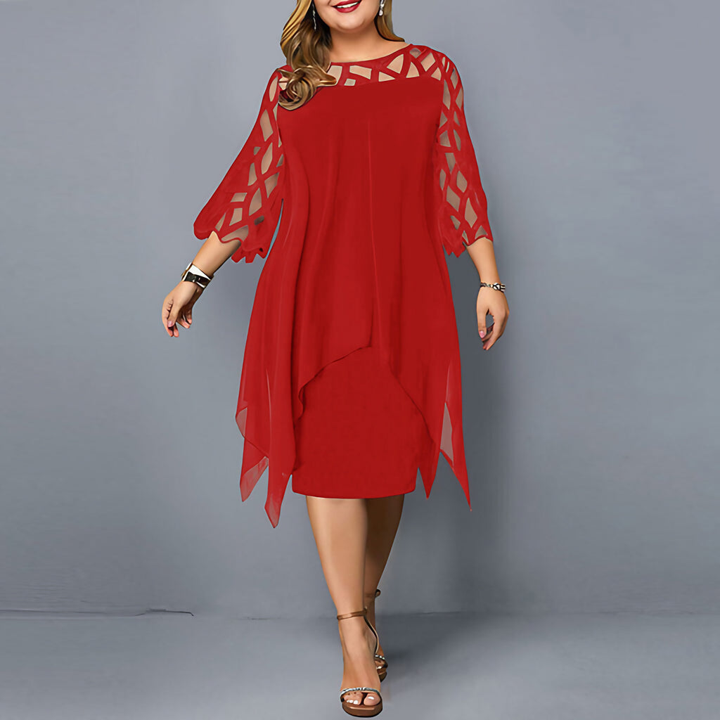 Robe midi grande taille femme, col rond, manches en dentelle, rouge