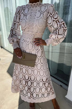 Robe midi femme à manches lanterne, taille cintrée, abricot