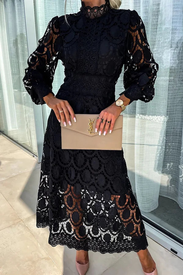 Robe midi femme à manches lanterne, taille cintrée, noir