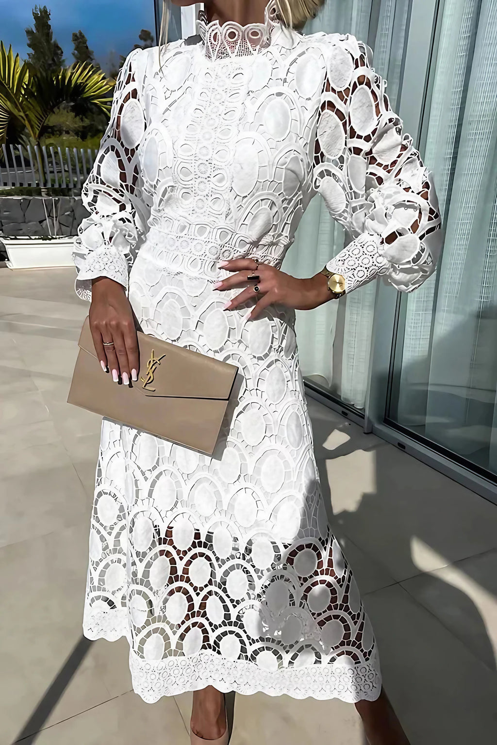 Robe midi femme à manches lanterne, taille cintrée, blanc