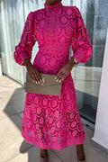 Robe midi femme à manches lanterne, taille cintrée, rose rouge