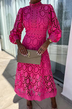 Robe midi femme à manches lanterne, taille cintrée, rose rouge