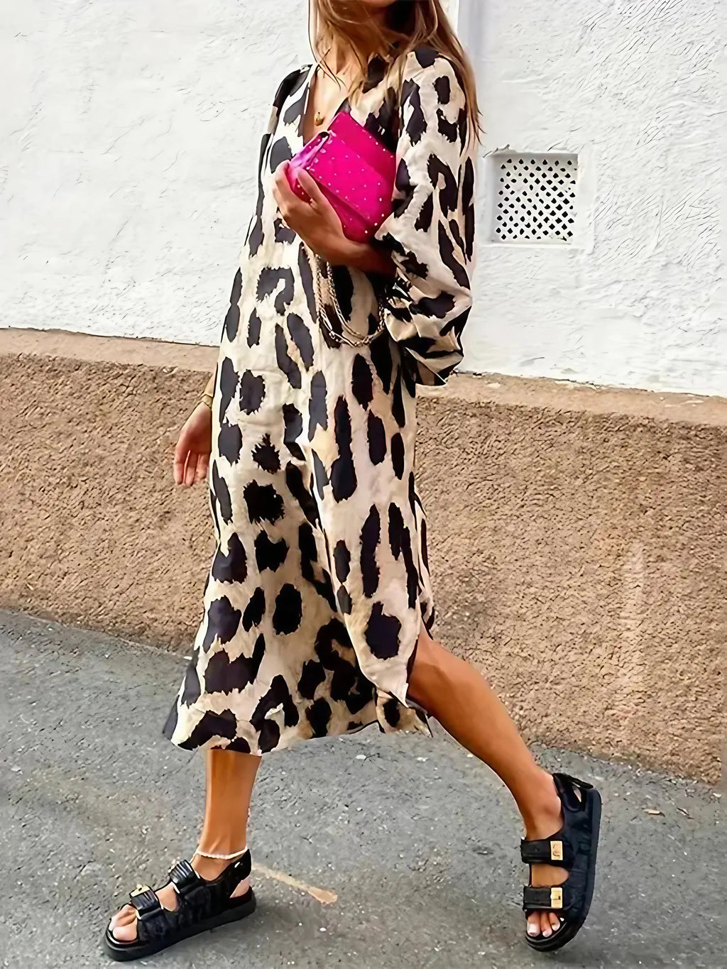 Robe midi léopard femme à manches 3/4, coupe ample