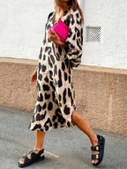 Robe midi léopard femme à manches 3/4, coupe ample