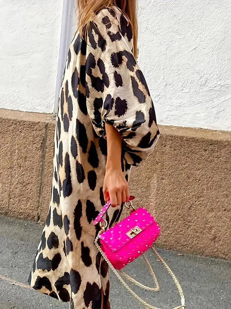 Robe midi léopard femme à manches 3/4, coupe ample