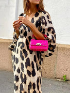 Robe midi léopard femme à manches 3/4, coupe ample