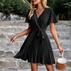 Robe midi plissée femme, ceinture à nouer amovible