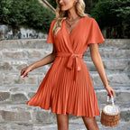 Robe midi plissée femme, ceinture à nouer amovible, orange