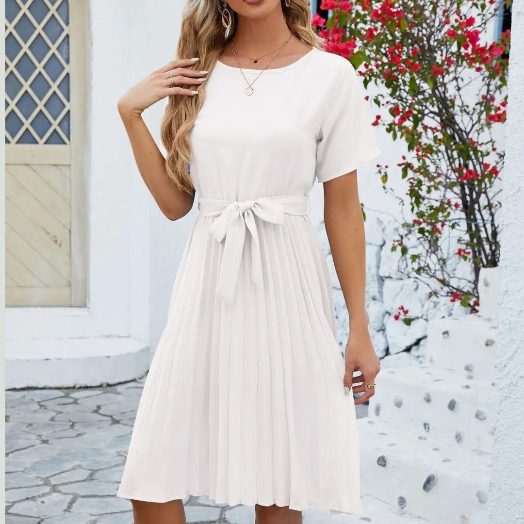 Robe midi plissée femme, ceinture à nouer amovible