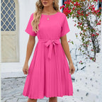 Robe midi plissée femme, ceinture à nouer amovible, rose