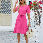 Robe midi plissée femme, ceinture à nouer amovible