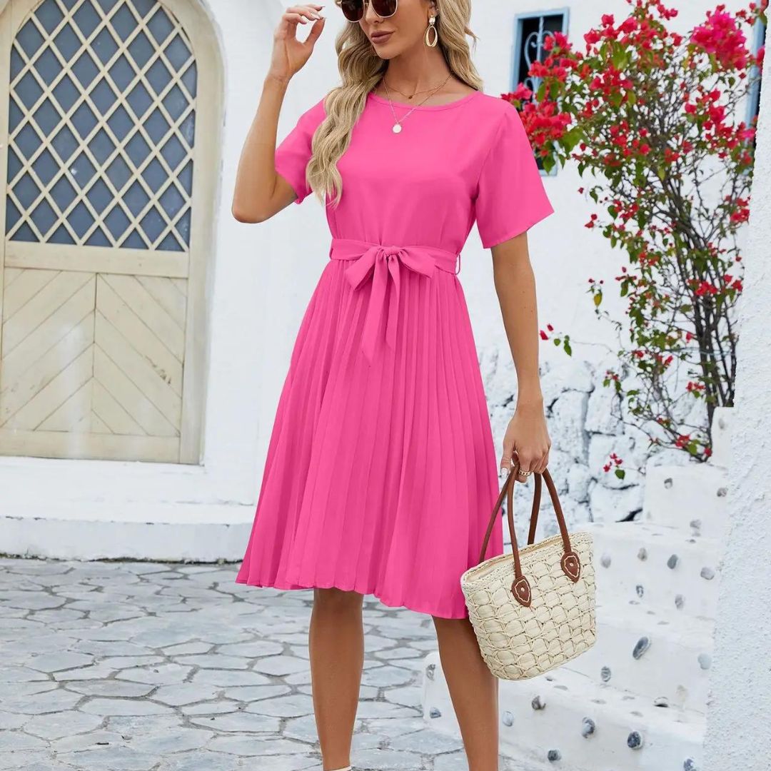 Robe midi plissée femme, ceinture à nouer amovible